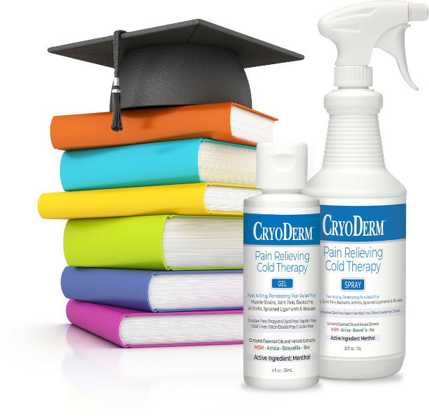 A stack of books with a graduation cap on top behind two bottles of CryoDerm Cold Therapy.