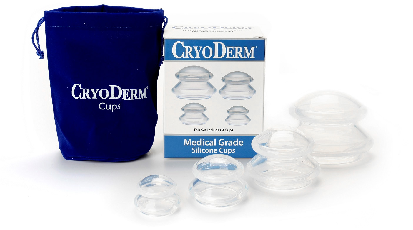 CRYODERM® silicone cups in front of a dark blue bag