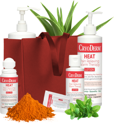CryoDerm heat products in front of a red tote bag
