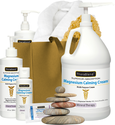 Therablend™ Magnesium products in front of a brown tote bag